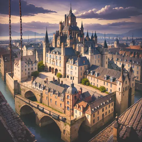 anime - style image of a city with a castle on top of a hill, medeival fantasy town, (surrounded by chains:1.15), medieval city background, fantasy capital city, town background, medieval town landscape, gaslight fantasy capital city, fantasy town setting,...