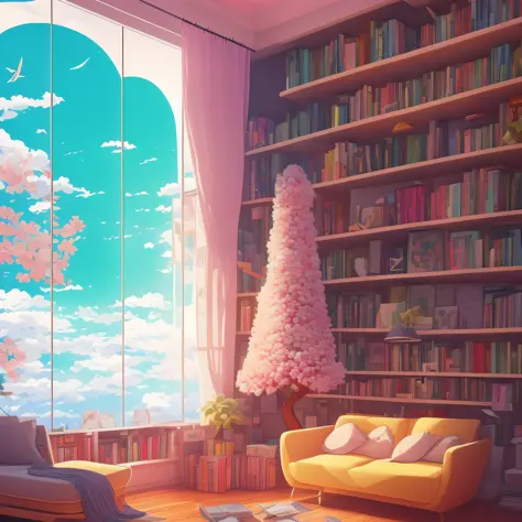 um quarto com livros espalhados, arvore rosa do lado de fora, com alta qualidade, 4k, Higth Guality, anime, Anime estilo Shonjo,...