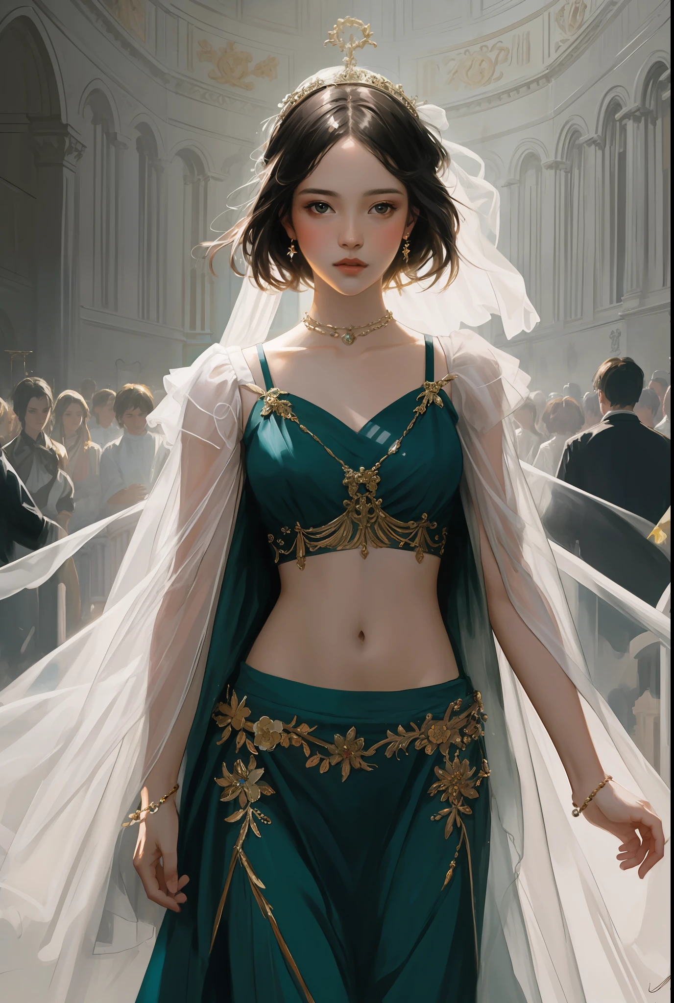 modelshoot style, (extremely detailed CG unity 8k wallpaper),full shot body photo of the most beautiful artwork in the world, stunningly beautiful photo realistic cute women intricately detailed costume,(Chateau de Versailles, Pisa Baptistery Of St. John background, Flowers,navel,crowd), professional majestic oil painting by Ed Blinkey, Atey Ghailan, Studio Ghibli, by Jeremy Mann, Greg Manchess, Antonio Moro, trending on ArtStation, trending on CGSociety, Intricate, High Detail, Sharp focus, dramatic, photorealistic painting art by midjourney and greg rutkowski