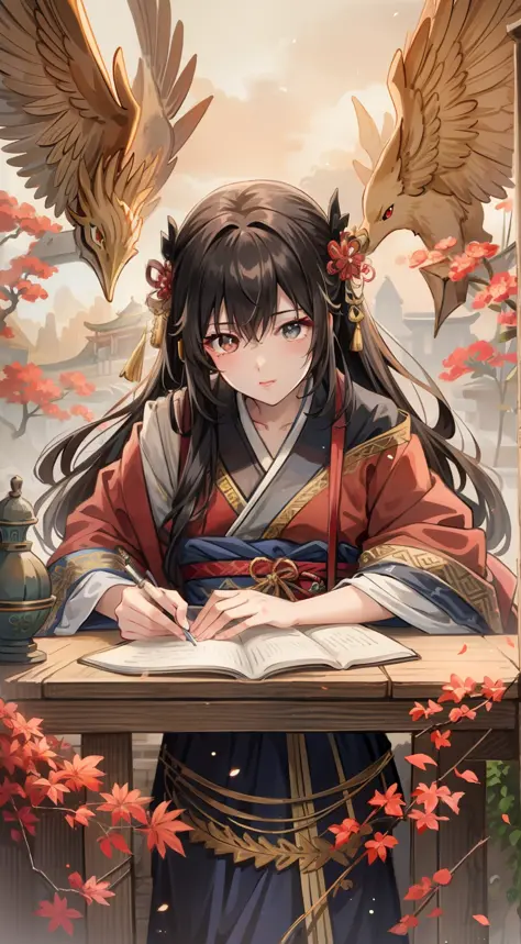 arafed image of a woman in a kimono dress writing a book, royal palace ，Show yourself generously， A girl in Hanfu, Beautiful character painting, chinese fantasy, anime fantasy illustration, by Yang J, a beautiful artwork illustration, fantasy art style, De...