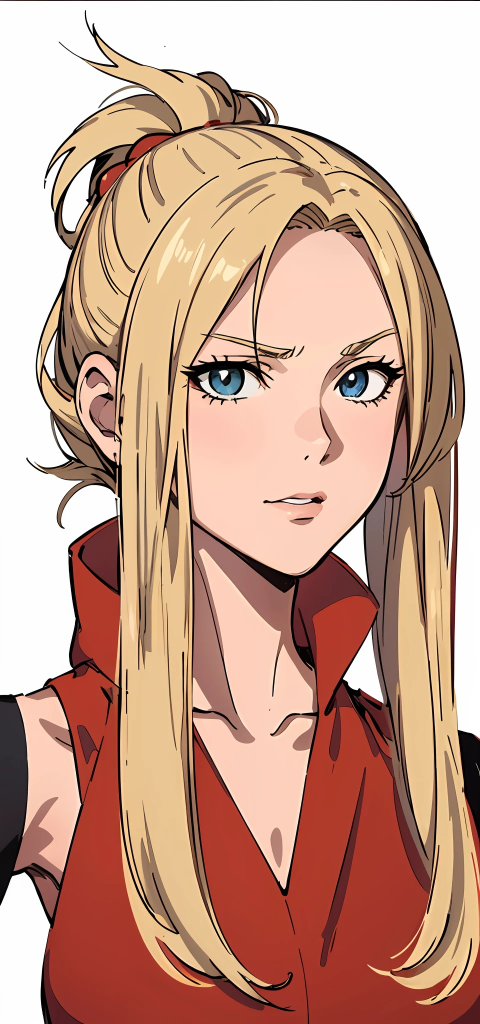 (Anime) . Anime fille aux cheveux blonds et aux yeux bleus en chemise rouge, Edelgard Fire Emblem, Edelgard de Fire Emblem, portrait of a female anime hero, female anime character, Ann Takamaki de Persona 5, anime character, Hannah Yata, Portrait de Ninja Slayer, Profil de la femme anime, anime character portrait, official artwork, Haruno Sakura, Valentina Shuffle . (Masterpiece : 1,8), k quality, final fantasy artwork concept, detailed manga eyes, detailed hair, detailed clothes, detailed body, cleaner designs, detailed face pronounced, shiny objects like jewels, see creases on clothes, more coherent clothing, more rounded eyes transparent liquid globular, more colors, more coherent clothing , correct the features of the clothes, better eyes contour, better shoulders, really colorful, coarser line, black line, finishing . (coarser line) (black line) (homogeneous rendering: 1.3)