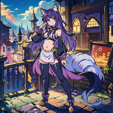 fox ears、fox tail、purple hair、long-hair、kigurumi、standing picture、shorter、petit、um corpo inteiro、fantasy background、towns、((um c...