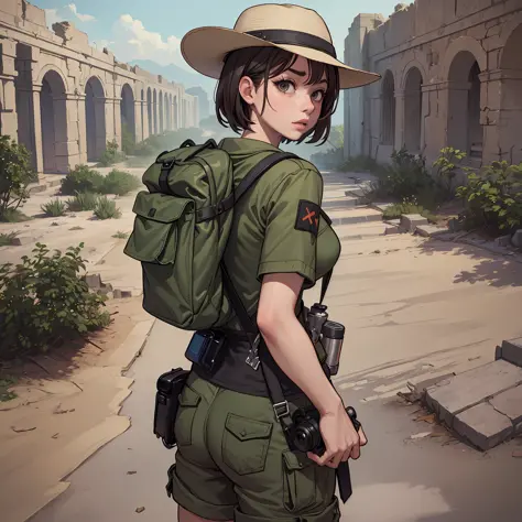 2girls 2boys adventuring in ancient desert ruins, khaki clothes hats and backpacks cargo action camera dutch angle (masterpiece:...