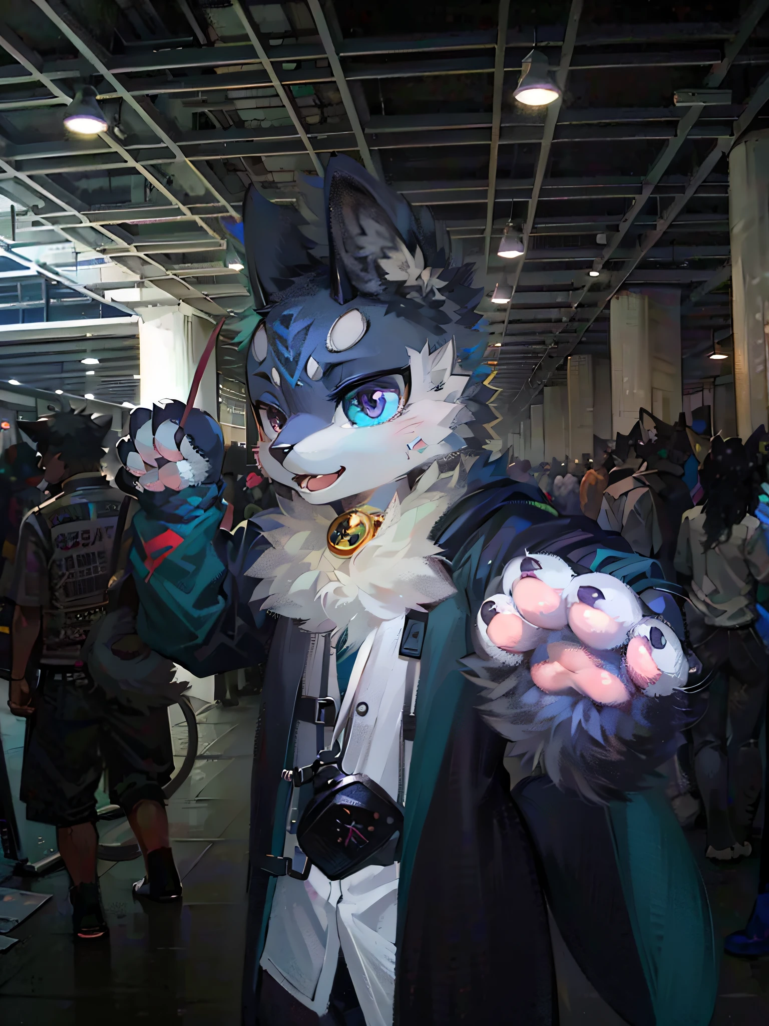 da ist ein Mann in einem Kostüm mit einer Katzenmaske und einer Katzenpuppe, fursona!!!!, pelzige Fursona, Fursuit, pelziger Charakter, Pelziger Anime, Fursuit!!!!, weibliche Fursona, Furry-Konvention, fursona, pelzige Pfoten pelzig, pelziger Schuss, the furry Fursuit is running, neko, sehr haarig, pelziger Künstler, pov pelzige Kunst, anthropomorpher Luchs