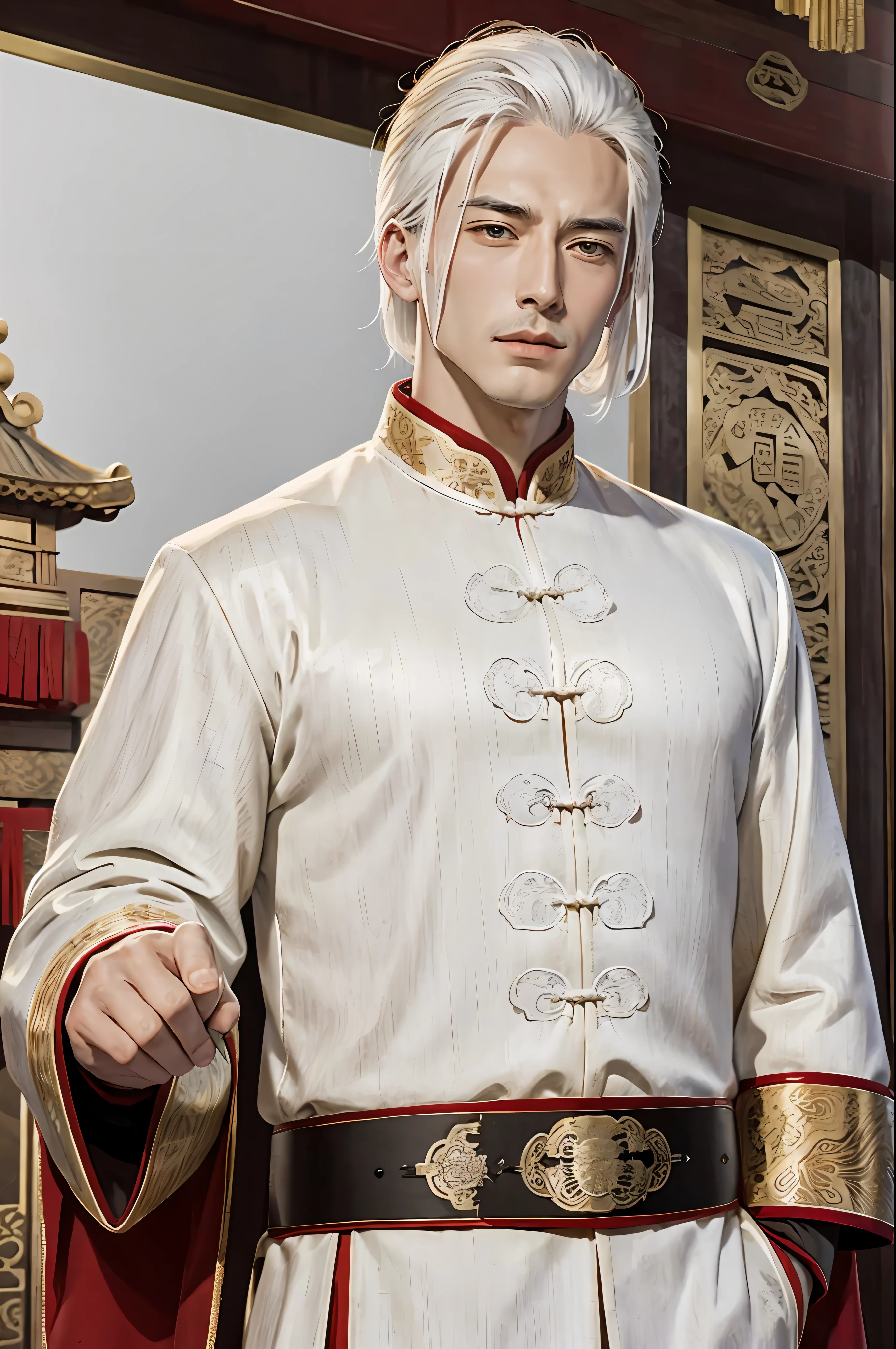 Masterpiece, Superb Quality, Chinese Imperial Palace, Chinese Style, Ancient China, 1 Boy, Handsome, Handsome, White Hair, Cold, Serious,