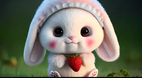 : 3. bunny, realistic, furry animal, apple, black eye, blush, cherry, food, fruit, full body, hat, non-human, strawberry, tomato, watermelon