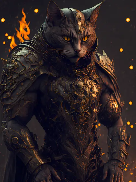 angry cat god, closeup, steampunk, strong, muscular, cyberpunk cybernetic armor, sharp teeth, Artstation illustrators, intricate details, face, full body portrait, illustration, UHD, 4K hyper realistic, enigmatic, highly detailed, sharp focus, professional...