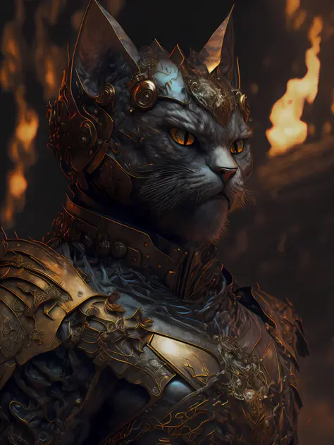 angry cat god, closeup, steampunk, beast, strong, muscular, cyberpunk cybernetic armor, sharp teeth, Artstation illustrators, intricate details, face, full body portrait, illustration, UHD, 4K hyper realistic, enigmatic, highly detailed, sharp focus, profe...