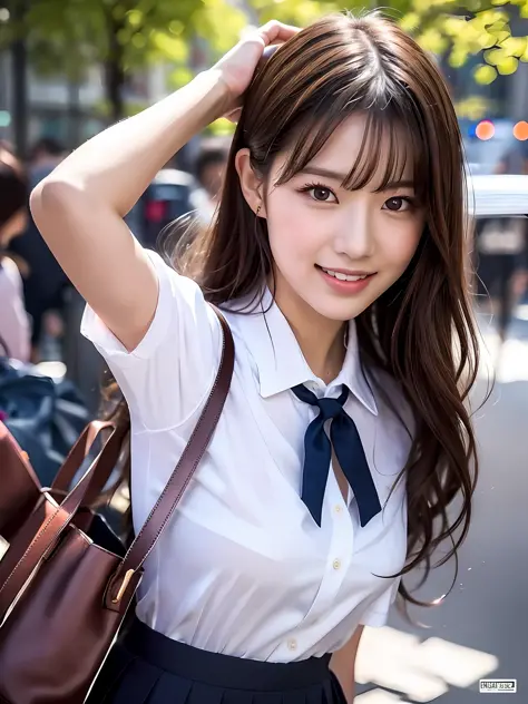 masterpiece, Upper body shot, Front View, 1 woman per 1 photo, a Japanese young pretty woman, hyper pretty face, 18 years old, on a street in crowd with a big smile, carrying a big tote bag with her shoulder, glamorous figure, wearing a short sleeves shiny...