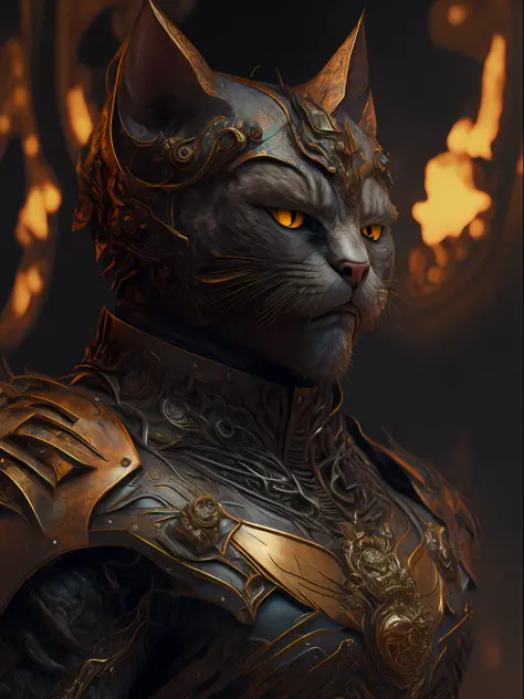 angry cat god, closeup, steampunk, strong, muscular, cyberpunk cybernetic armor, Artstation illustrators, intricate details, face, full body portrait, UHD, 4K hyper realistic, highly detailed, sharp focus, professional, 8k UHD, cinematic, wild, violent, dr...