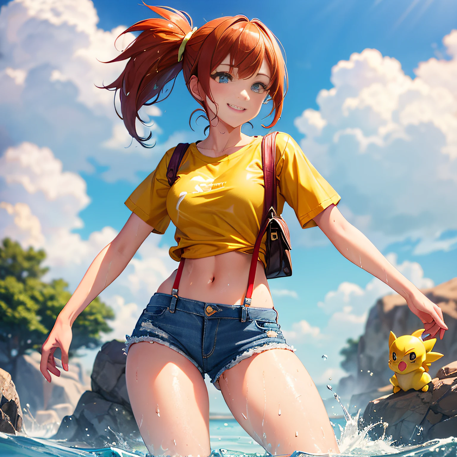 csr style,((masterpiece)),((best quality)),((high definition)),misty pokemon,red suspenders,blue, denim shorts,side ponytail,wet,in water,wet t shirt,smile,ginger hair,yellow shirt,(red suspenders),pastel color