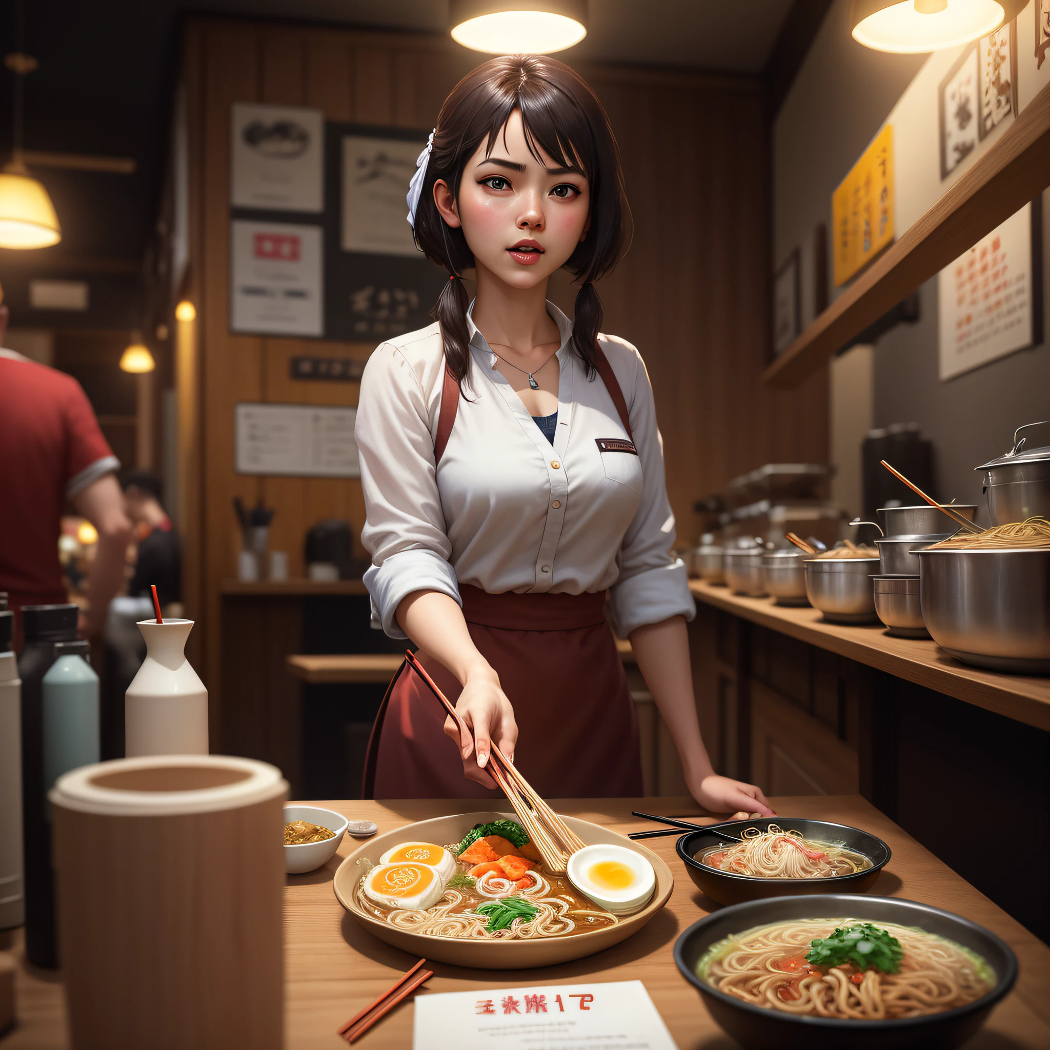 Woman in a restaurant preparing food with chopsticks and a plate of ...