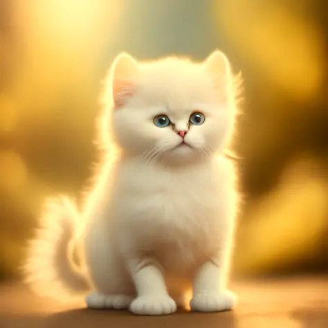 Very cute fluffy white tropical punk kitten, professional lighting, depth of field 8k, golden magic hour, professional photography, octane rendering, ultra realistic - amazing sunlight, dynamic composition, photography, sharp focus, bokeh