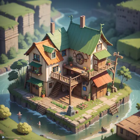 housing fantastic world , 2d game isometric camera view, cartoon illustration