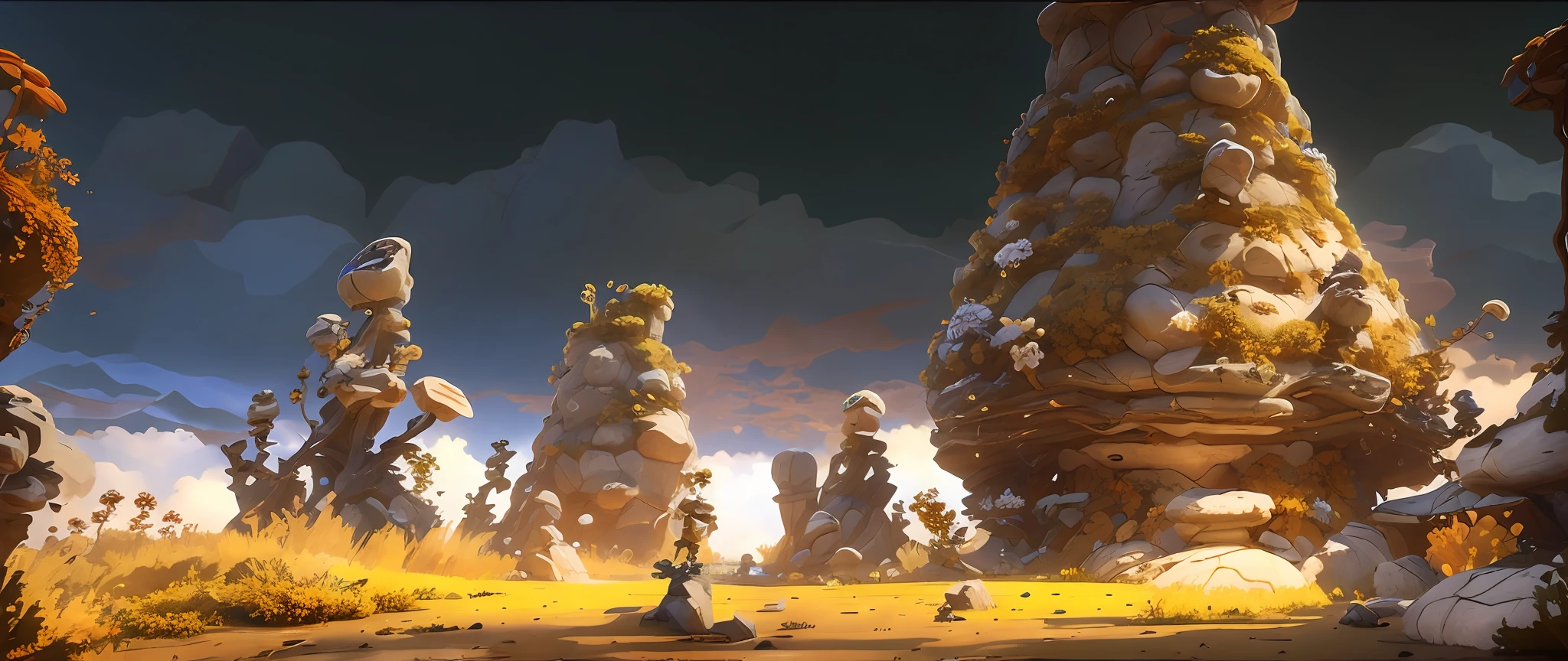 (formal)(microcosmic)，There are many rocky deserts(Fantasy Rock+Fantasy desert+Fantasy branches+Fantasy flowers)，Feel the atmosphere surrounded by rocks and branches，Detailed sky，Dense expanse of clouds，Pixar style art，Pixar movies，arte de fundo，highly rendered，concept arts，rendered art，4 K resolution concept art，award winning concept art，Stylized 3D rendering，Sand desert fantasy