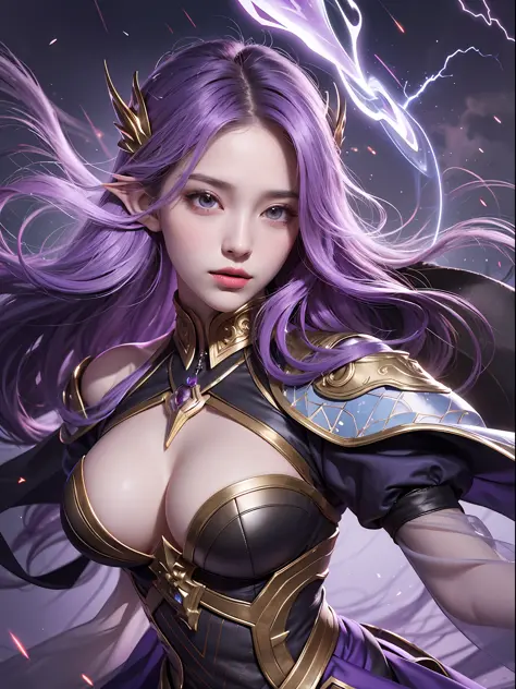 （master-piece，Top quality，optimum，officlal art，Beautiful and aesthetic：1.2），Smooth movement，Charming pattern， 1 girl，（Long skirt with sleeves：1.3），Purple clothes，Purple hair，Upper body close up，off shoulders，the girl，portrait，独奏，Upper body，Gaze the observe...