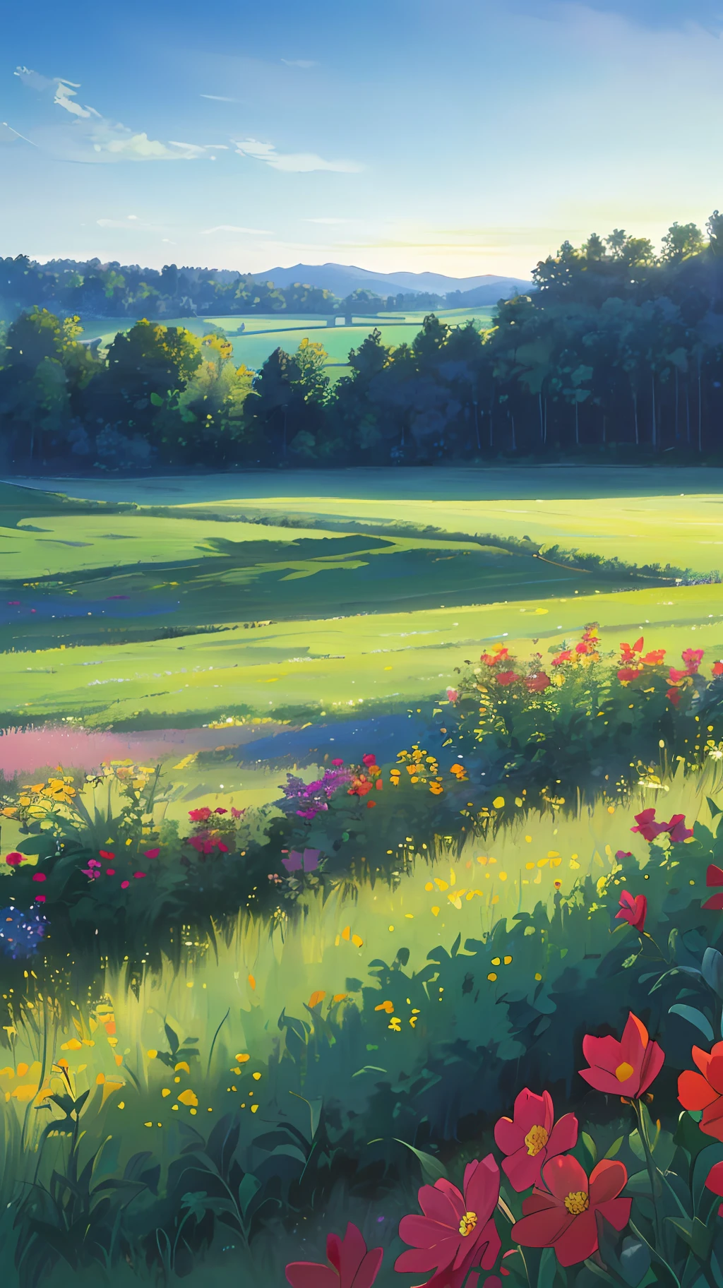 ((chef-d&#39;œuvre)), (8k, Haut_résolution),(Meilleure qualité), prairie, champ, large champ, prairie flowers and grasses, paysage, Yuezludno, crépuscule, Pas de soleil, Crépuscule, été, Style Kyoani Haruh