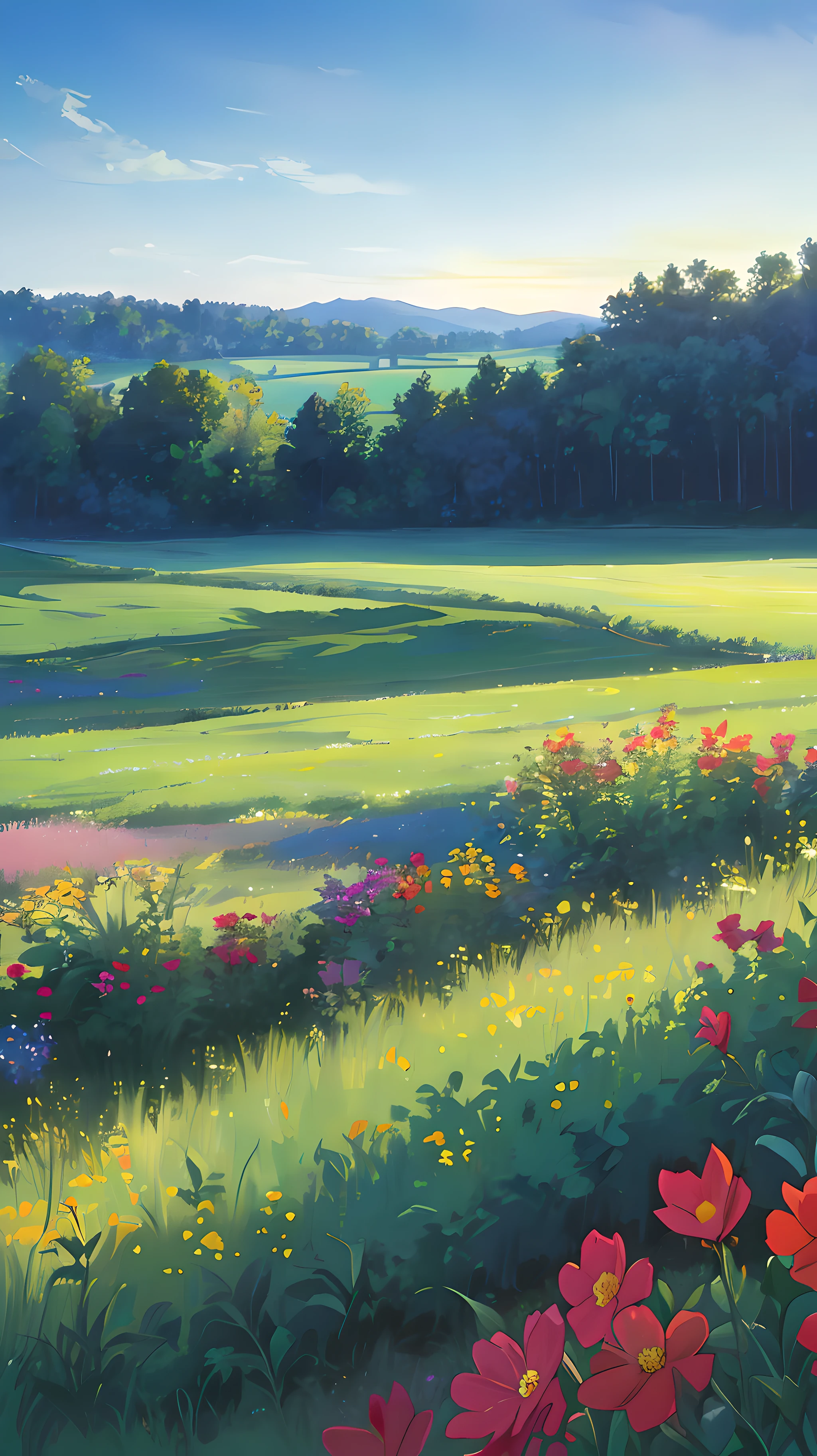 ((chef-d&#39;œuvre)), (8k, Haut_résolution),(Meilleure qualité), prairie, champ, large champ, prairie flowers and grasses, paysage, Yuezludno, crépuscule, Pas de soleil, Crépuscule, été, Style Kyoani Haruh