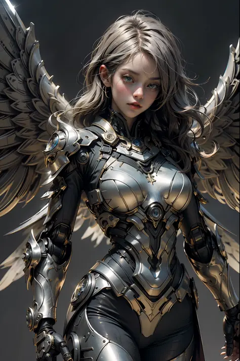 A huge silver female robot, big wings of light, a huge sword, a metallic shining body, heroic,, masterpiece, best quality, best quality, Amazing, beautiful detailed eyes, extremely detailed CG unity 8k wallpaper,