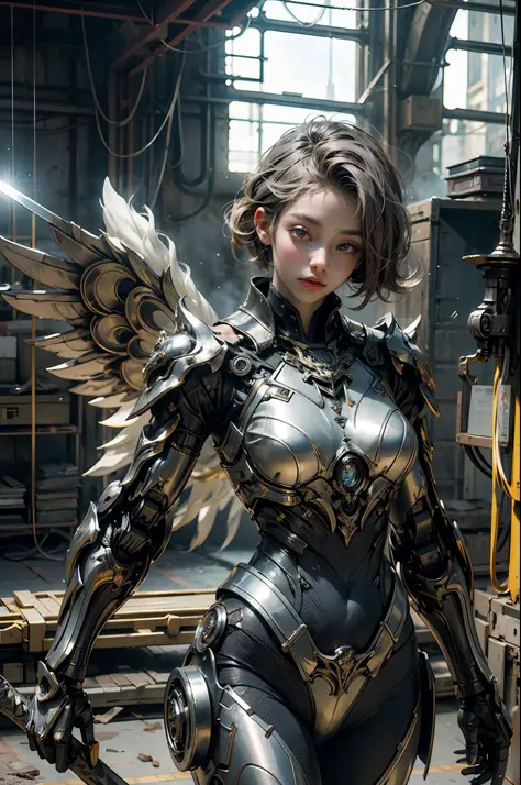 a huge silver female robot, big wings of light, a huge sword, a metallic shining body, heroic,, masterpiece, best quality, best ...