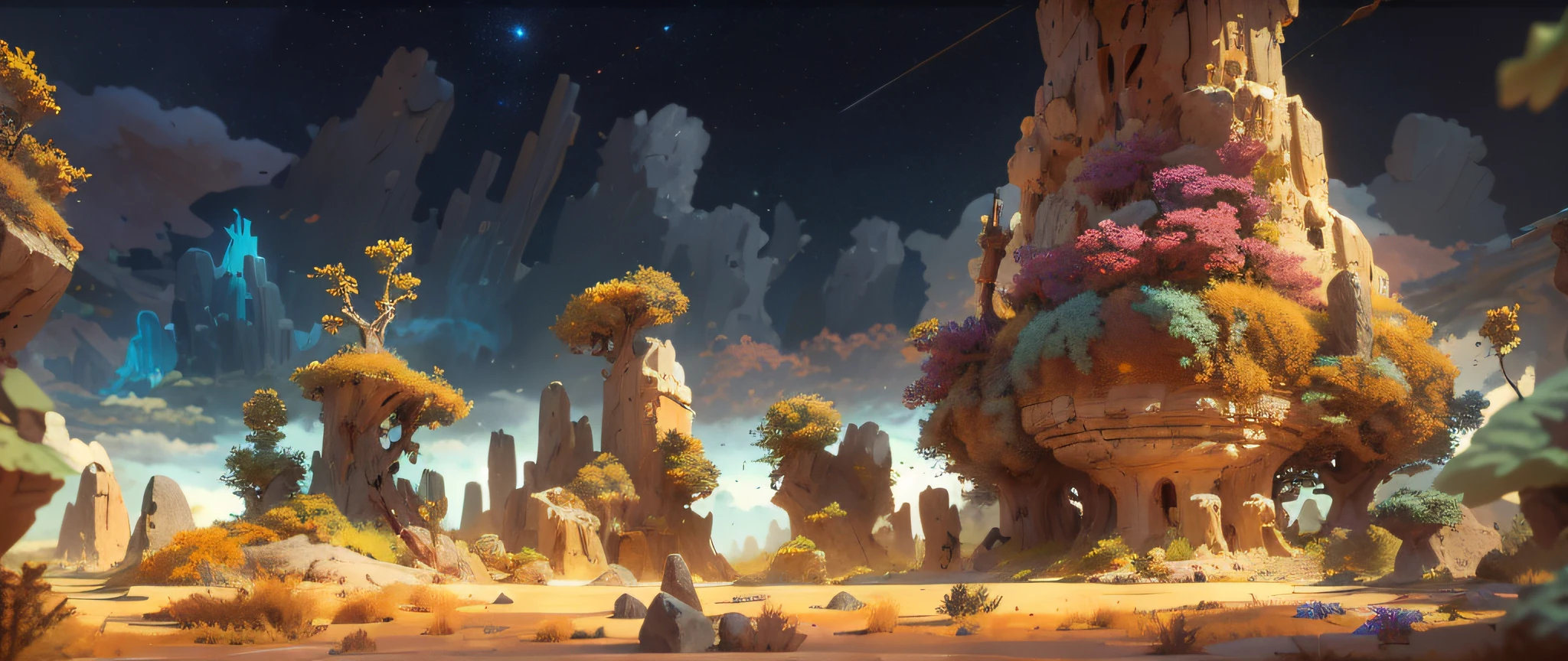 (formal)(microcosmic)，There are many rocky deserts(Fantasy Rock+Fantasy desert+Fantasy branches+Fantasy flowers)，Feel the atmosphere surrounded by rocks and branches，Detailed sky，Dense expanse of clouds，Pixar style art，Pixar movies，arte de fundo，highly rendered，concept arts，rendered art，4 K resolution concept art，award winning concept art，Stylized 3D rendering，Sand desert fantasy