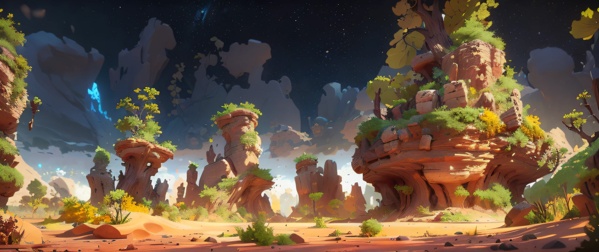 (formal)(microcosmic)，There are many rocky deserts(Fantasy Rock+Fantasy desert+Fantasy branches+Fantasy flowers)，Feel the atmosphere surrounded by rocks and branches，Detailed sky，Dense expanse of clouds，Pixar style art，Pixar movies，arte de fundo，highly rendered，concept arts，rendered art，4 K resolution concept art，award winning concept art，Stylized 3D rendering，Sand desert fantasy