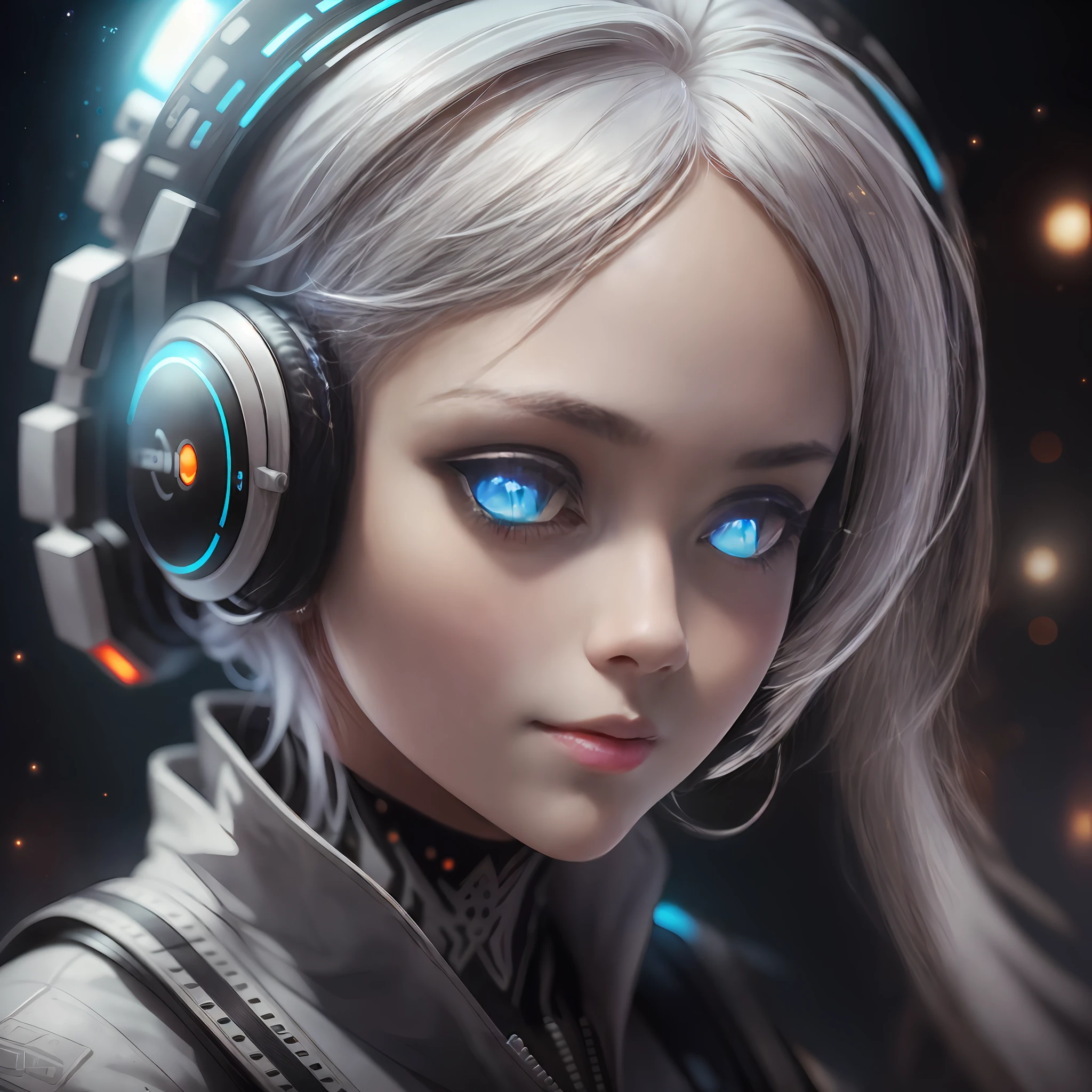 (on the moon, space, looking back at Earth), white hair, black vest, stereoscopic lighting, white jacket, glowing headphones, cyberpunk, futuristic, multicolored eyes, detailed eyes, super detailed, shallow smile, very detailed , beautiful, small details, super detailed, best quality, intricate, surreal, sharp, digital illustration, detailed, realism, intricate, 4k, 8k, trends on artstation, good anatomy, beautiful lighting, repeated Award Winning, Photorealistic, Realistic Shadows, Realistic Lighting, Beautiful Lighting, Ray Tracing, Intricate Details, Moody, Rule of Thirds, Masterpiece, (Illustration: 1.1), High Resolution, (Very Detailed CG, Unity, 8k wallpaper: 1.1), beautiful face, highly detailed face, super realistic, masterpiece, bokeh, very detailed, intricate, zoomed out, vibrant colors, vibrant colors, red nail polish, side view, --auto