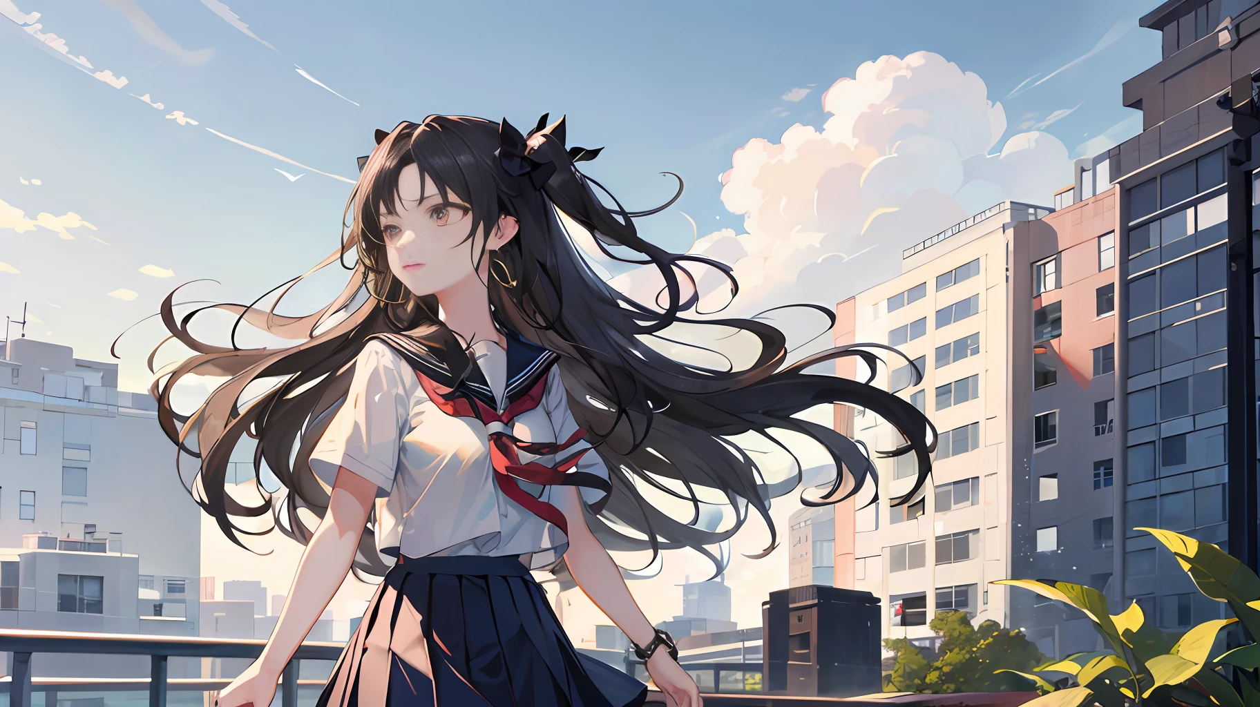 Ishtar \ (Destiny\), 1 Girl, Solo, Cowboy Shooting, , black_hair, ((School Uniform: 1.2)), Outdoor, Classroom, Royal Sister