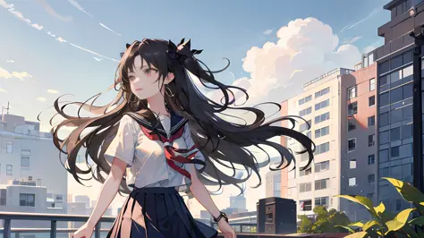 ishtar \ (destiny\), 1 girl, solo, cowboy shooting, , black_hair, ((school uniform: 1.2)), outdoor, classroom, royal sister