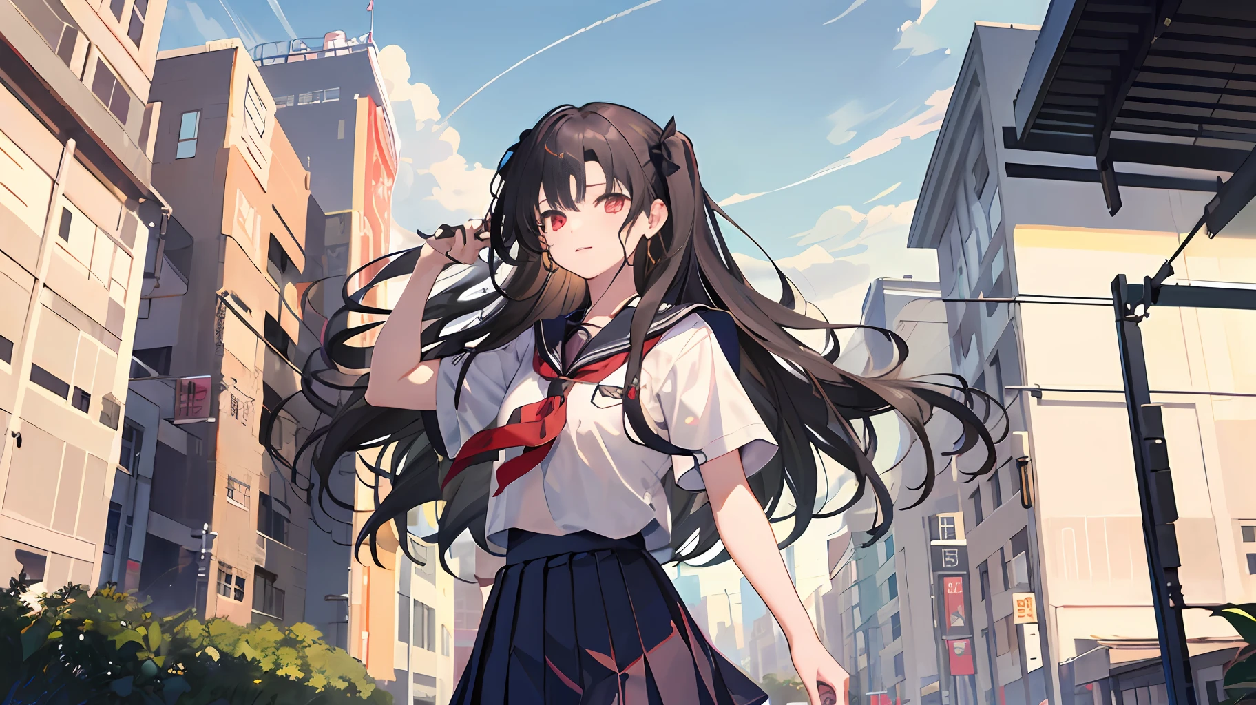 Ishtar \ (Destiny\), 1 Girl, Solo, Cowboy Shooting, , black_hair, ((School Uniform: 1.2)), Outdoor, Classroom, Royal Sister