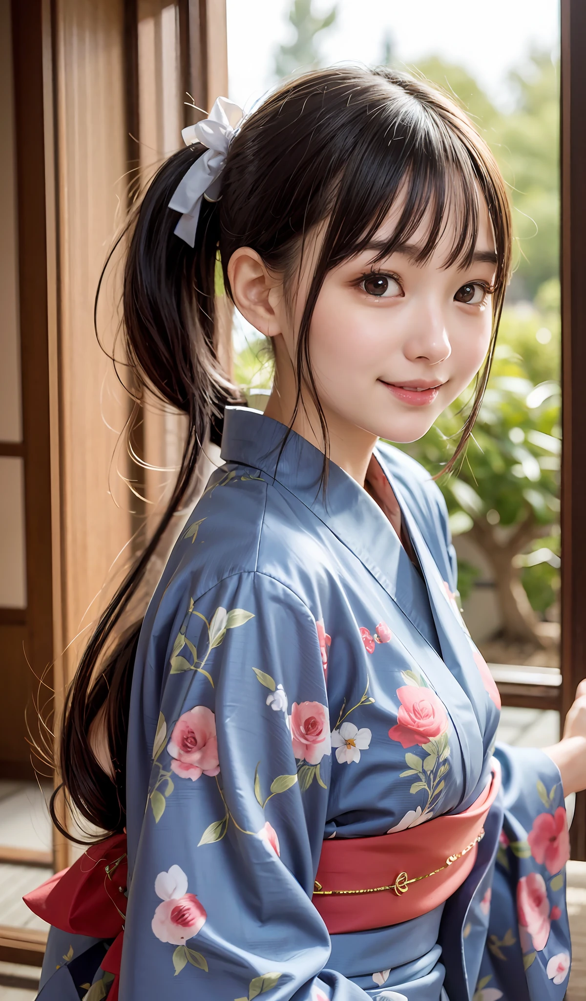 1 chica、obra maestra、máxima calidad、realista、colas de caballo、16 años de edad、Casas en Japón、kimono fino、porche、sandía、ojos encantadores、Sonrisas、extremadamente detallado