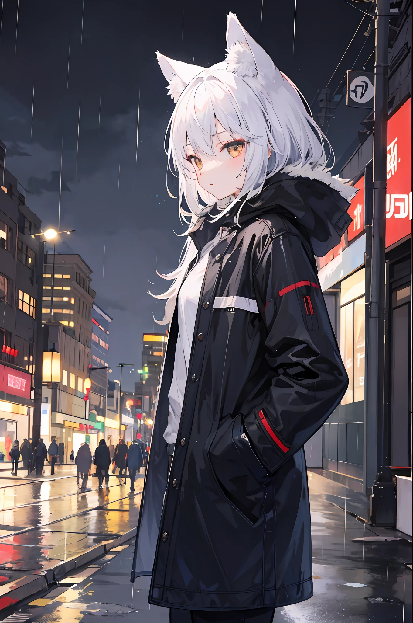 1girl,night city,rain,coat,hands in pockets, kemono wolf, furry,
