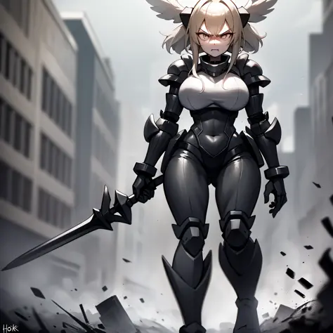 1woman, solo, complete body, robot body!!, monochrome hair, monochrome armor, shirtfront, hombreras negras, black helmet, platfo...