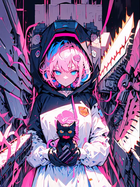 enmaided、Machine Man、Pink hair、Dark atmosphere、glaring、Blue eyes、Black Cat Ear Food、Hiding the machine part with a hood、Have a h...