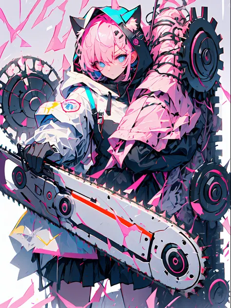 enmaided、Machine Man、Pink hair、Dark atmosphere、glaring、Blue eyes、Black Cat Ear Food、Hiding the machine part with a hood、Have a h...