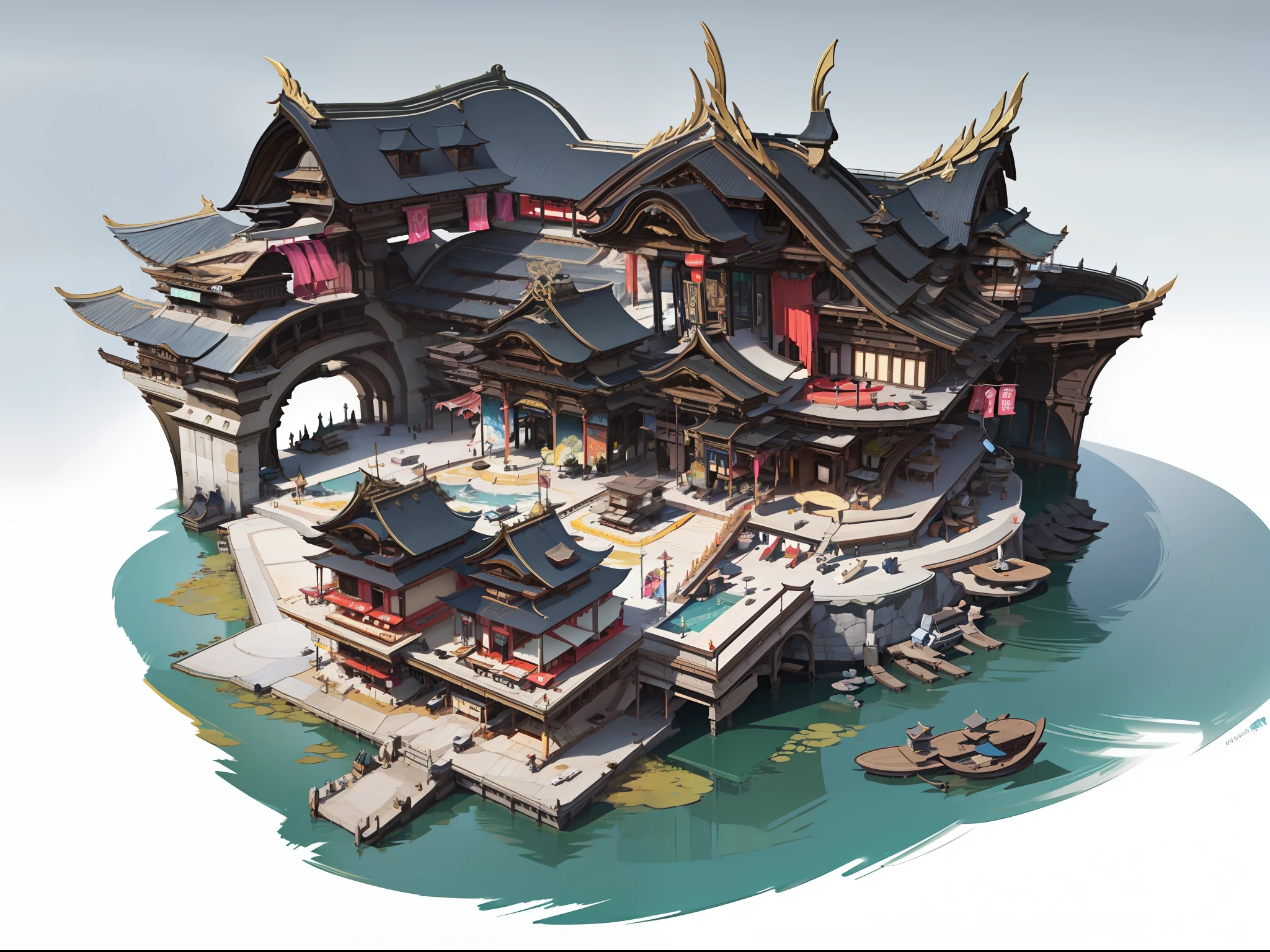 Ancient Chinese architectural design，Game Building，Ancient restaurant，Incredible design，ultra wide angle、Panorama view、viewed from bird's-eye，The colors are contrasting，Reasonable structure，Epic composition，is super detailed，insanely detaileda，Simple clean white background，（White background），Best light and shadow，3D art，C4D，OC renderer，3D rendering，extra high resolution，master-piece，Top quality，best qualiy，officlal art，dreamlike，aesthetics，Perfect art，16k