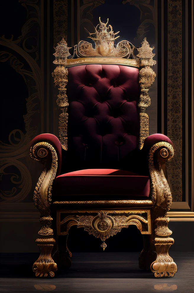 Close up of brown red chair on black background, throne, Sitting on a throne, Sitting on a throne, Sitting on a throne, lord from hell on the throne, Sitting on a throne, decadent throne room, sitting on intricate throne, sat in his throne, on her throne, sat in his throne, perched on intricate throne, sitting on an royal throne