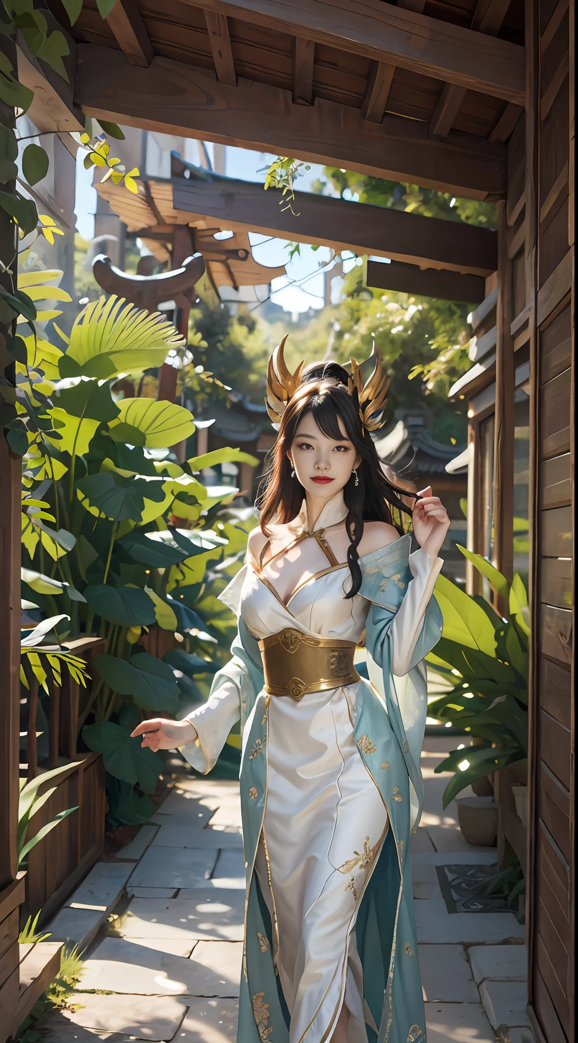 (Masterpiece artwork: 1.5), ilustration, 4K, 8k, (high qualiy: 1.1), faerie, highy detailed, face detailed, HDR, shiny colors, Natural Daylighting, Beautiful  eyes, beautiful  face, 1 , 独奏, chinoiserie, japanese architecture , corte de papel faerie irelia, irelia mythographer, long hair, multicolored hair, Hair Accessories, face highlighters, white hair smile, greeneyes, bangss, jewelly, red gradient hair , (cinta), (Throwing Knife)),  Magical background, flowers, castle, a beautiful garden