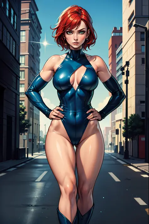 ((masterpiece)), ((best quality)), ((highres)), beautiful woman, splash art, 8K, solo, superhero, bare legs, (tight red and blue leotard: 1), hands on hip, city backdrop, matching knee boots, (perfect hands: 1), sparkling, light particles, medium hair, red...