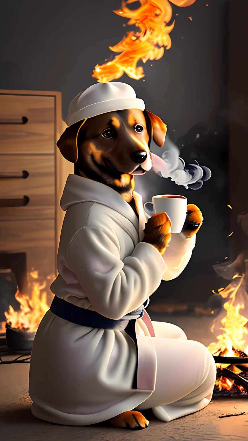 (best quality:1.23), (masterpiece:1.12), (realistic:1.24), (anthropomorphic  dog:1.5) holding a coffee cup, sitting, in a robe, eating breakfast and holding a coffee cup, hat, particles, volumetric lighting,  room burn down, ground and chair on fire, lots of gadgets and equipment on fire,  smoke, (flames all around:1.2),