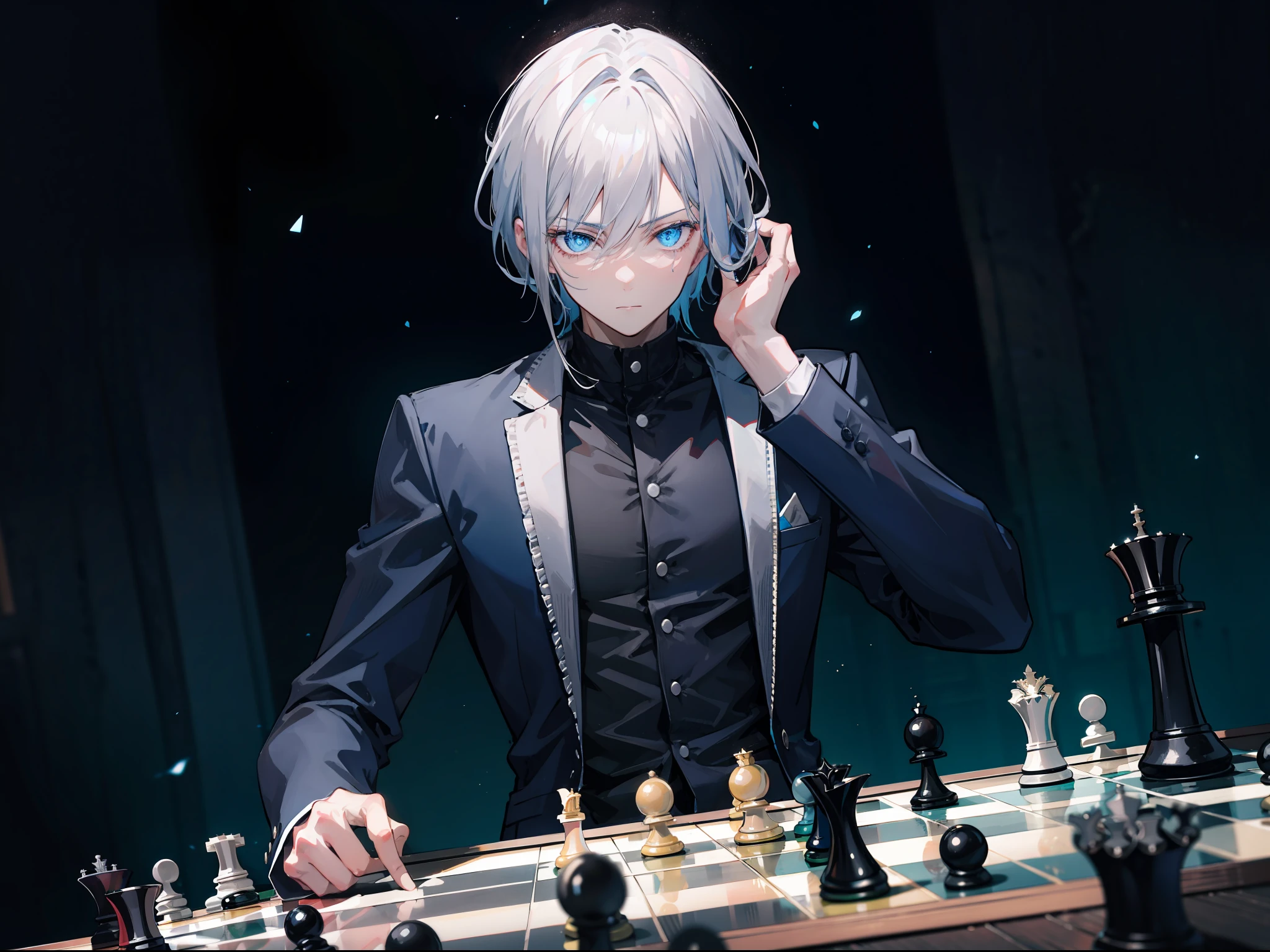 {[{{"Vibe sombria épica, Arte 4k de um homem com cabelos grisalhos e olhos azuis brilhantes sentado em um tabuleiro de xadrez, Contemplando seu próximo passo."}]}}
