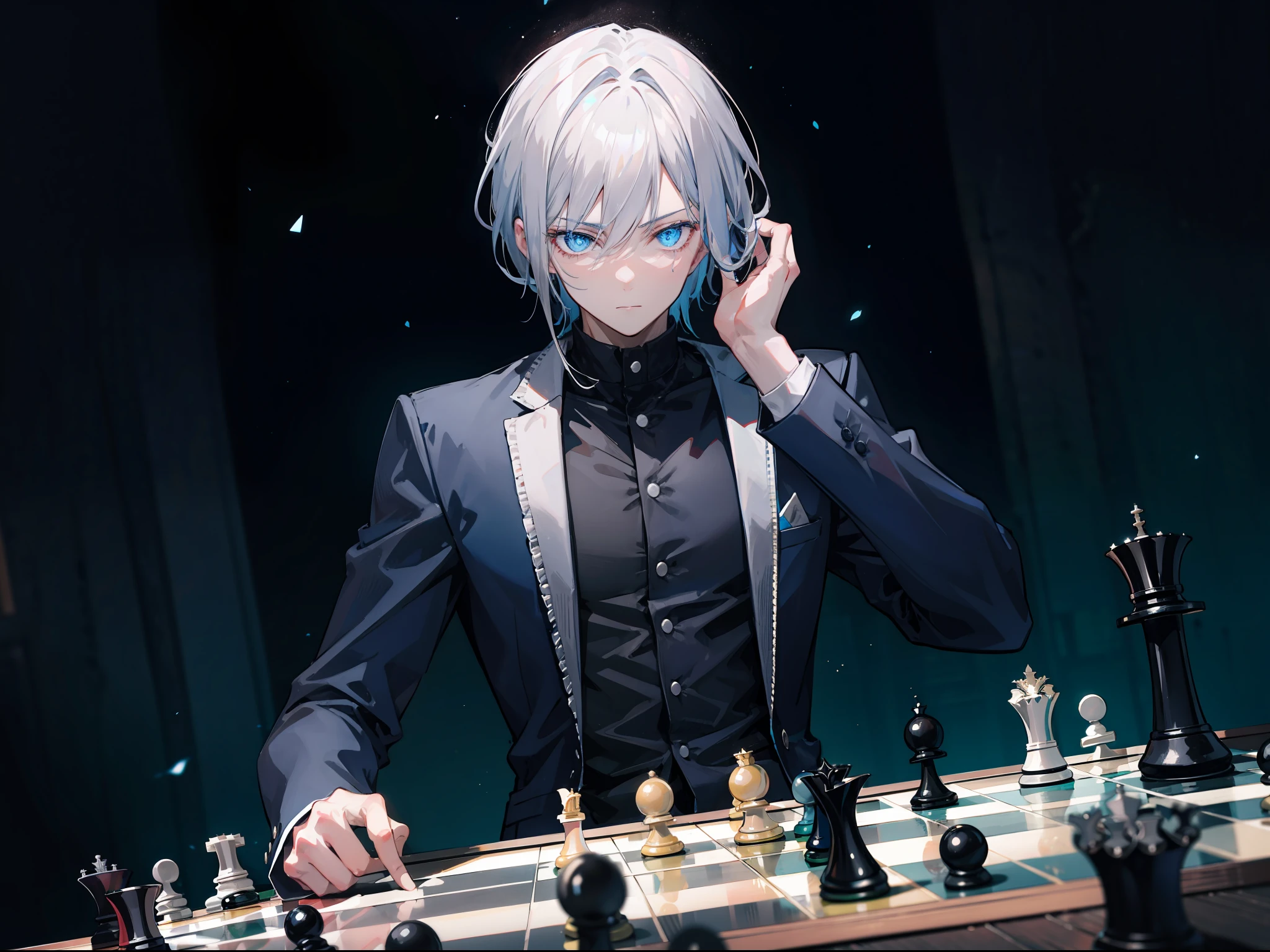 {[{{"Epic dark vibe, 4k artwork of a man with gray hair and glowing blue eyes sitting at a chess board, contemplating his next move."}]}}