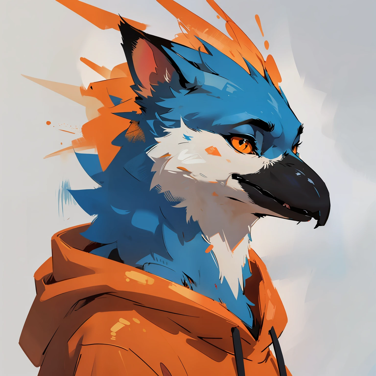 anthro avian bird, beak, close up, headshot, bloodstainai, strong outlines, high contrast, (hoodie), staring, close up, profile picture, casual, relaxed, blue body, bluejay, abstract city background, ears, orange clothes, amber eyes, anthro