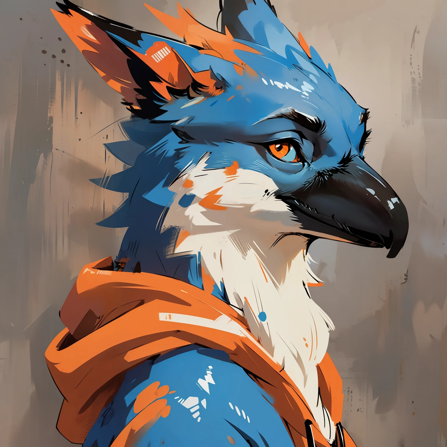 anthro avian bird, beak, close up, headshot, bloodstainai, strong outlines, high contrast, (hoodie), staring, close up, profile picture, casual, relaxed, blue body, bluejay, abstract city background, ears, orange clothes, amber eyes, anthro, feathers