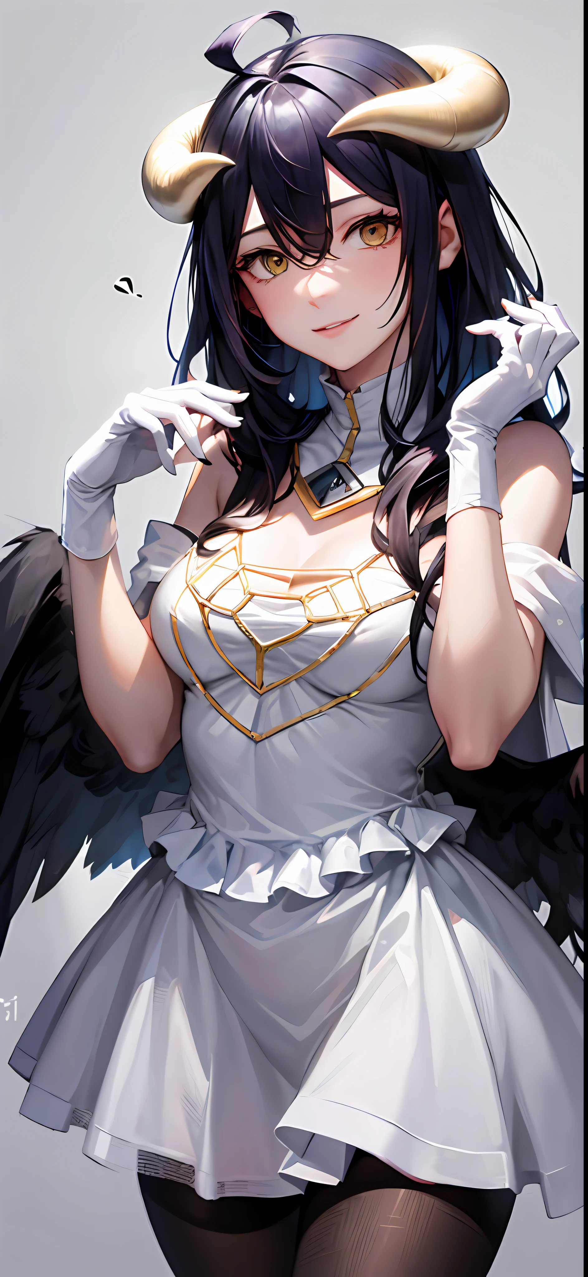 Meisterwerk, best qualit, high res, al1, demon horns, geschlitzte Pupillen, white gloves, white dress, nackte Schultern, Abnehmbarer Kragen, Spaltung, black wings, feathered wings, low wings, Cowboy erschossen, stehend, Verlies, evil smile, Die Hand ausstrecken, Ausgebreitete Arme, ausgestreckte Arme,