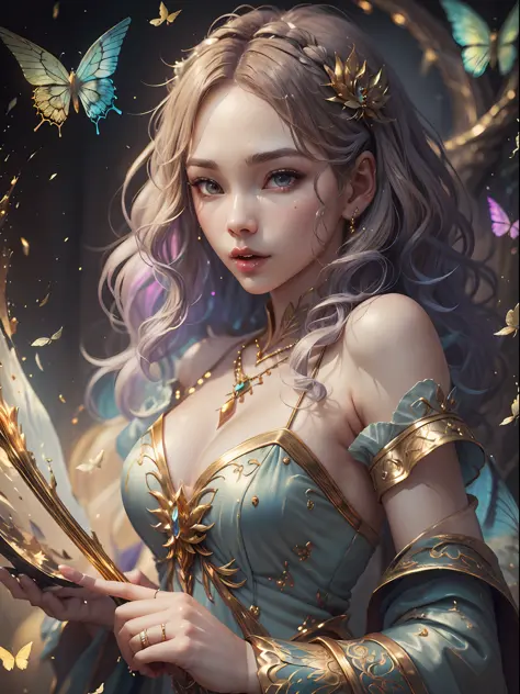 In the style of mythic and storybook fantasy, with rainbow colors. Generate a mature woman with a beautiful face. She is pouting. She has beautiful detailed eyes, 8k eyes, hires eyes, and realistic eyes. She has puffy lips and a big mouth. She has curly ha...