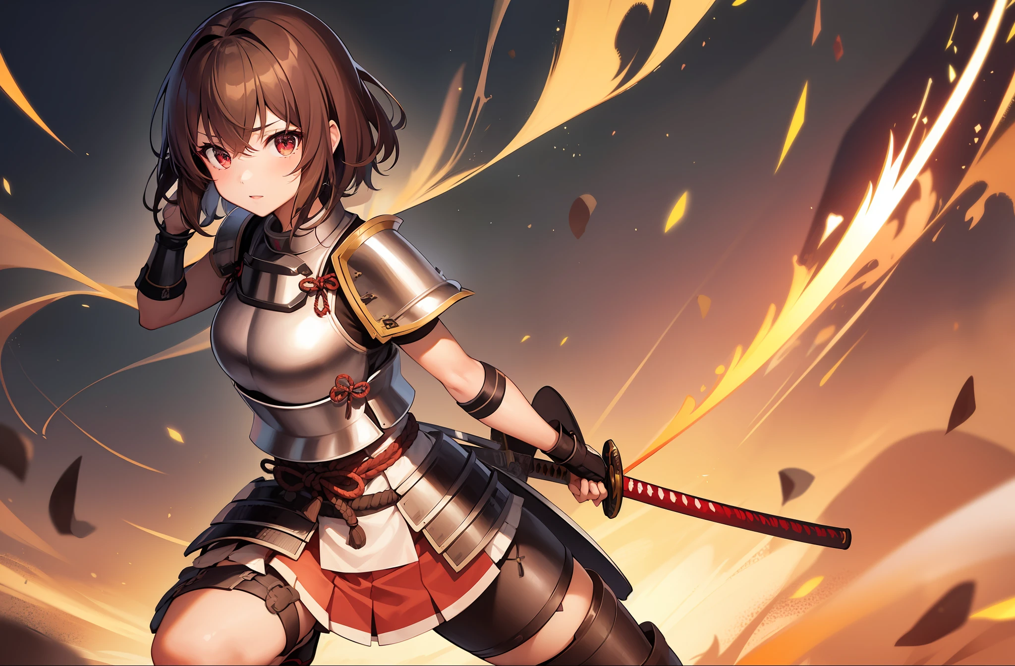 1 girl, solo, Mutsuki from Kancolle, (((samurai armor))), katana, sword strike, fighting stance, confident expression, sparkling eyes, (masterpiece), best quality, full body, small breasts, brown hair with red highlights, tall, short hair, hair between eyes, red eyes, standing,