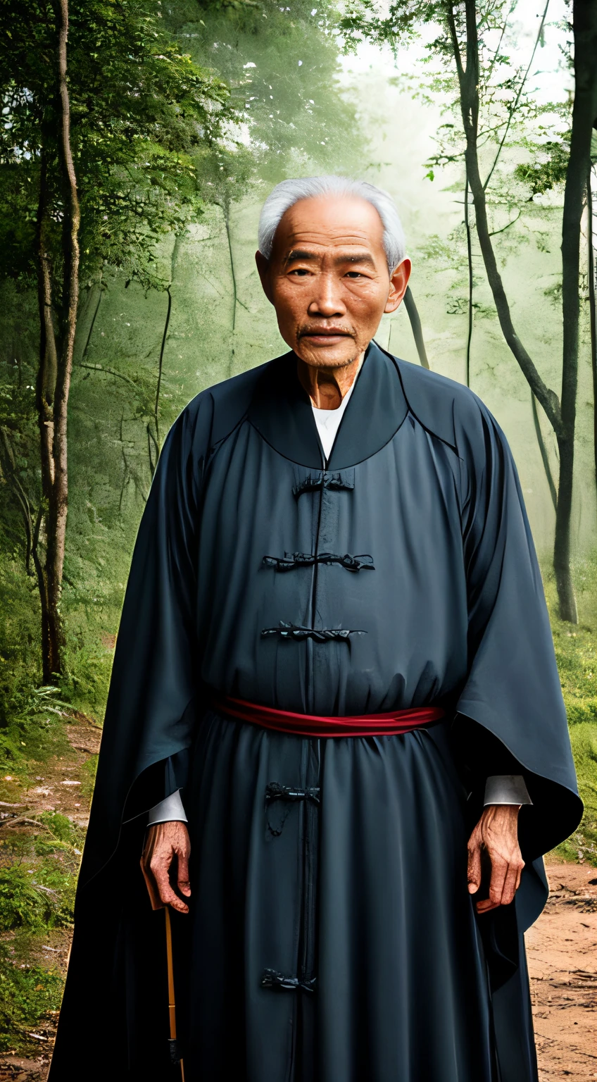 Portrait photography style, world masterpiece, super unique high professional digital art, film format, hyper-realism, color cinematography with ultra-fine details and quality, background is deep in the forest, an old man in rural China, an old man with wisdom. He wears an old cloak and his eyes are kind and shrewd. His body is upright, his skin has been blackened and powerful by the sun and rain, and the wrinkles are fixed on the corners of his mouth and forehead, which makes it seem that his years have precipitated. Although wearing a dark gown, although simple in appearance, it exudes sublime wisdom and a sense of tenacity of strength.