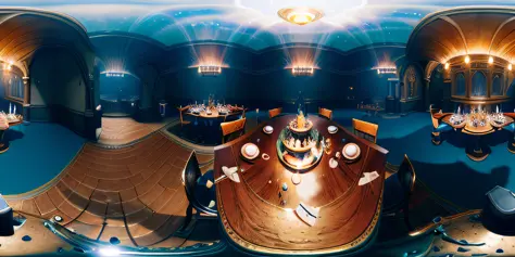 around a table, knights eating , unreal engine, detailed, high quality, photoreal, movie still, (cinematic lighting:1.3), canon lens, 360 degree, equirectangular, qxj,