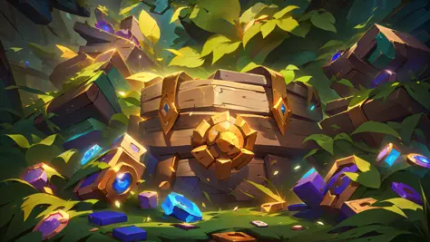 There is a wooden box，Nice looking nature decoration，Deep in the dense forest，Woods leaves in the background，, hearthstone concept art, blizzard hearthstone concept art, hearthstone official splash art, hearthstone card art, treasure background, fantasy he...